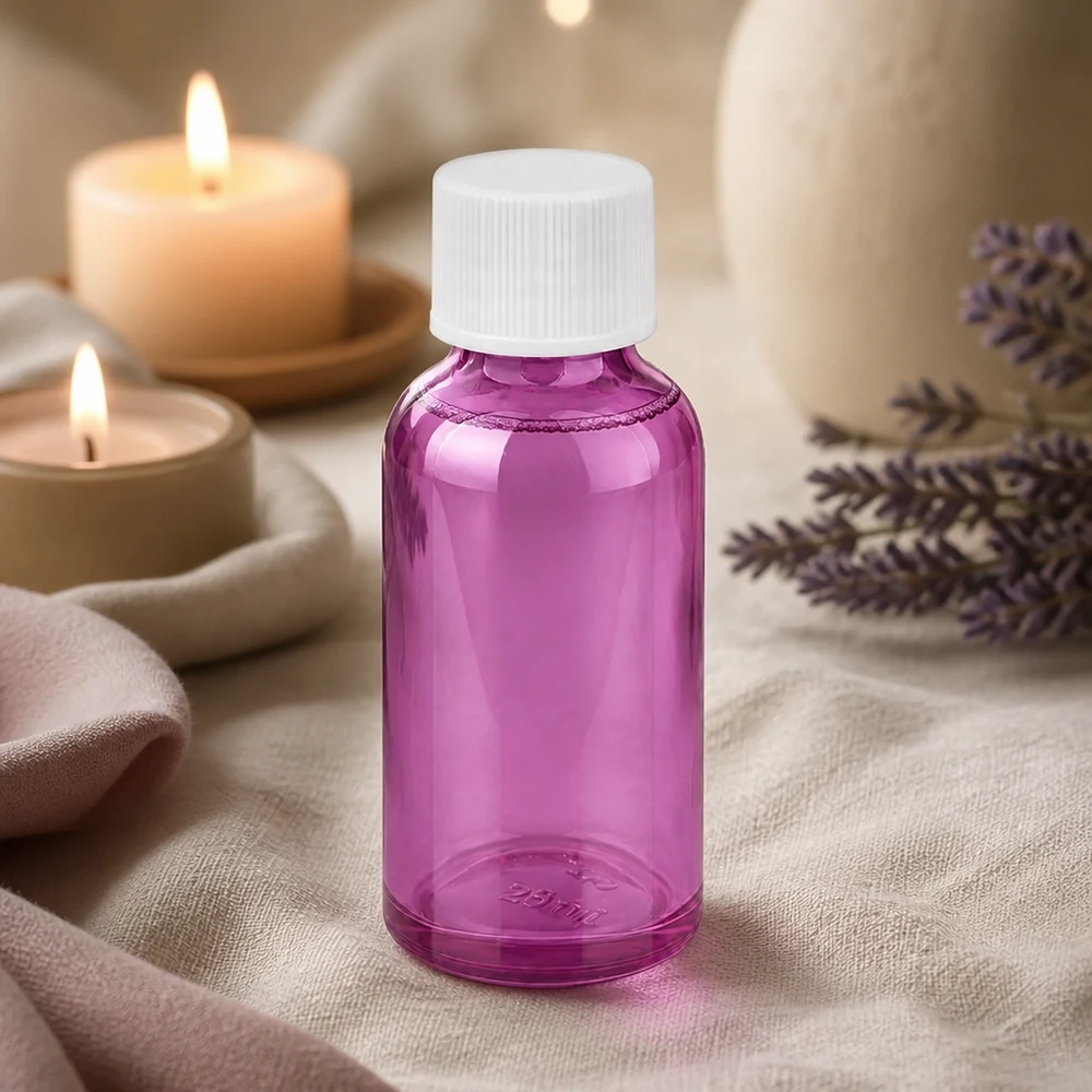 Frasco compacto de vidro violeta de 30 ml com tampa branca para produtos cosméticos e séruns
