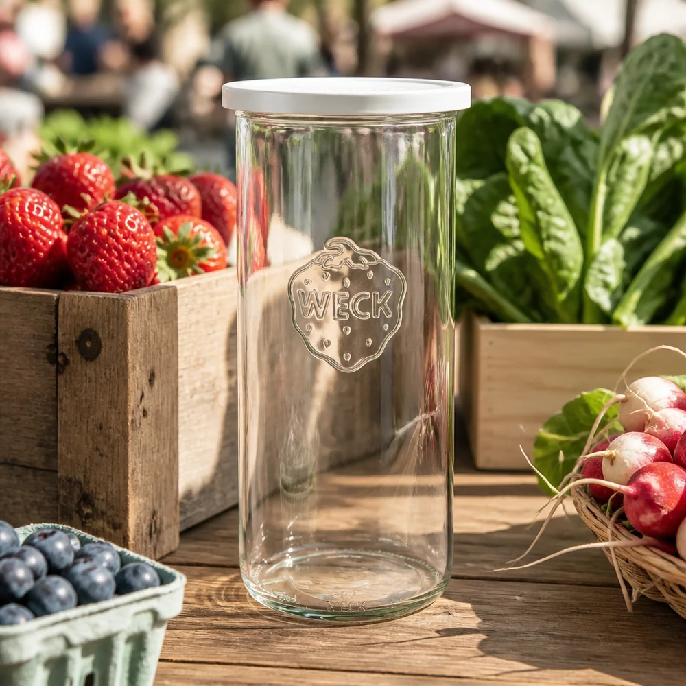WECK Sturzglas 1500ml RR100 mit Frischedeckel zwischen frischem Gemüse und Obst auf Holztisch im Markt-Ambiente