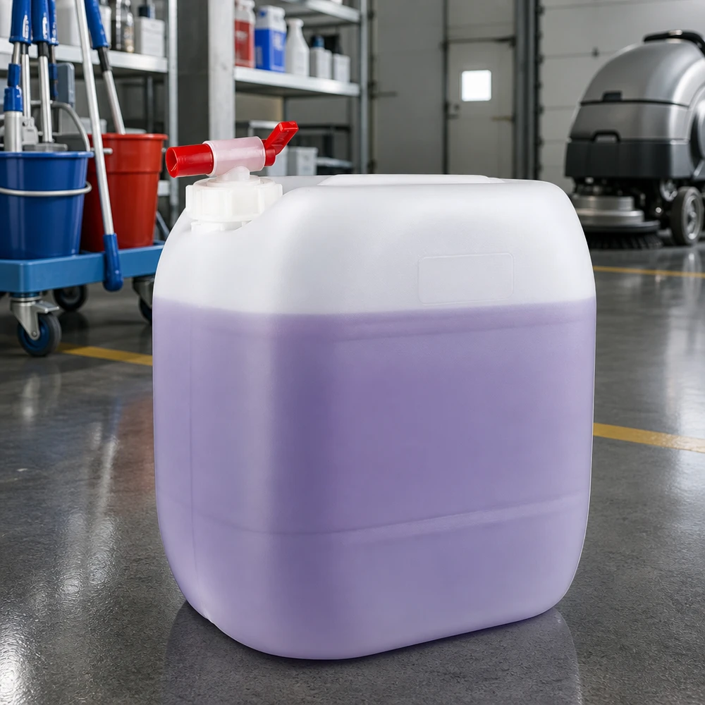 Recipiente de 30 litros com produto de limpeza, contendo um líquido roxo e uma torneira de escoamento vermelha, num pavilhão industrial