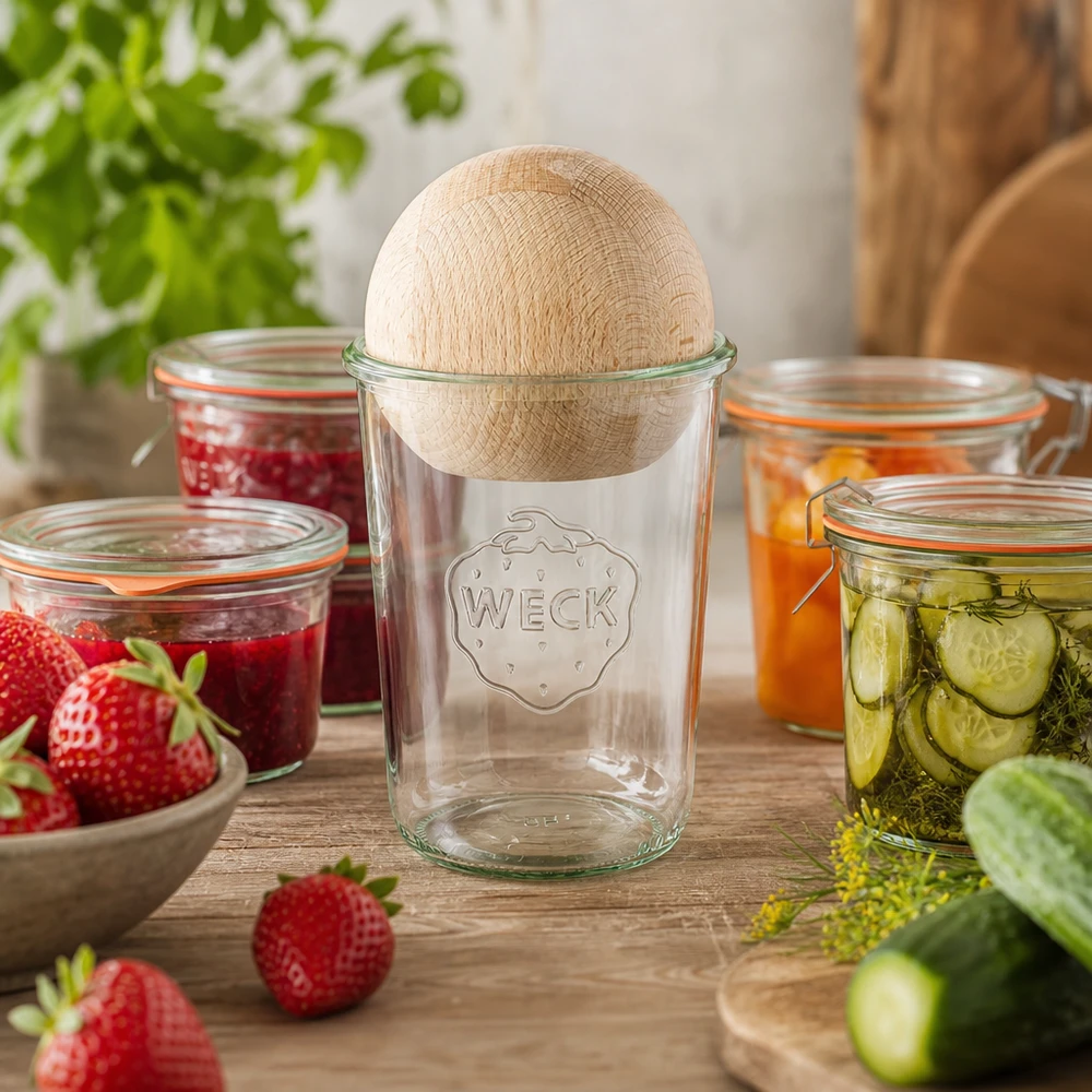 Frasco giratório WECK 850ml RR100 em cena de cozinha com conservas, tampa esférica de madeira em faia, frasco de conserva para compota