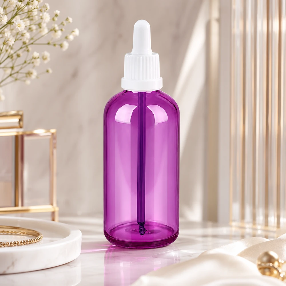 Frasco conta-gotas de 100 ml com corpo de vidro violeta e tampa de pipeta branca ergonómica