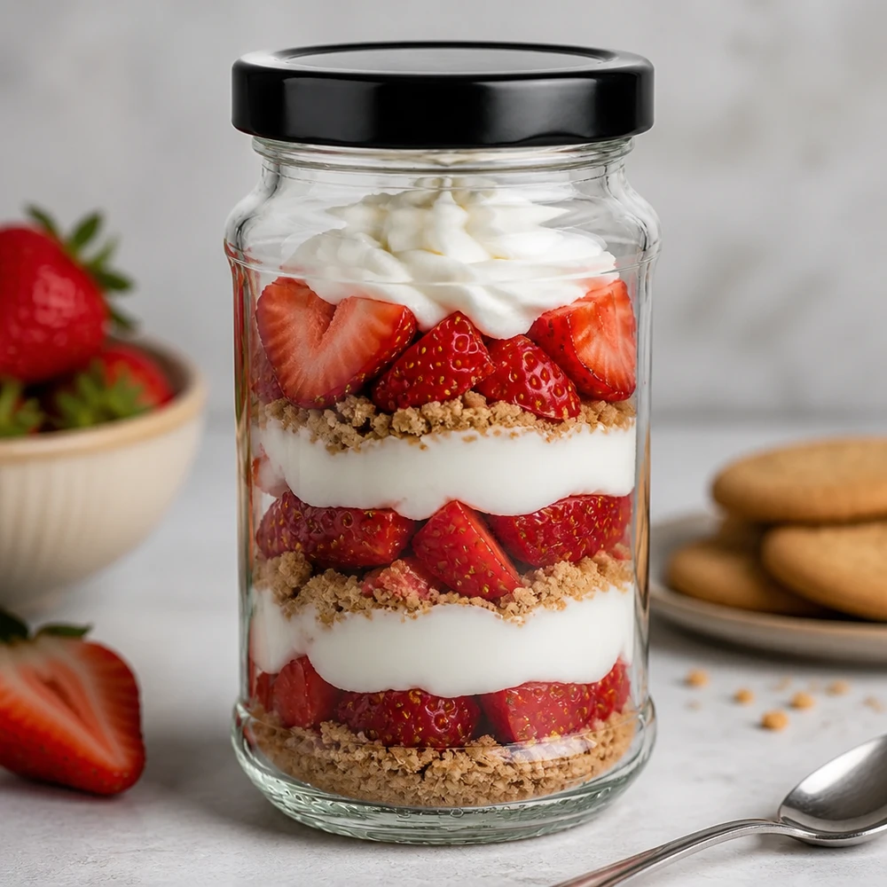 Frasco redondo de 390 ml com tampa BasicSeal preta como frasco de sobremesa para trifle de morango - perfeito para doces