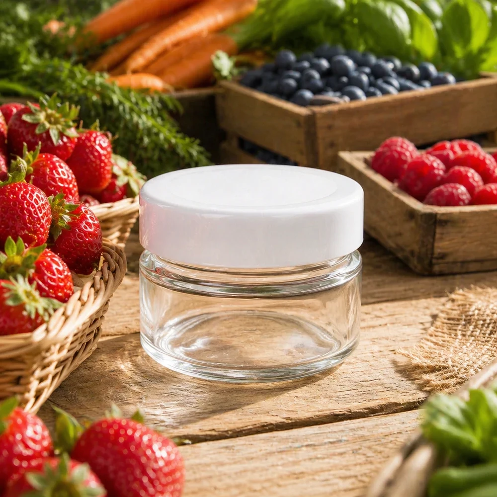 Frasco redondo de 80ml com tampa BasicSeal branco fundo UNiTWIST 80ml Rundglas mit weißem Deckel zwischen frischen Beeren - stilvolle Glasdose für natürliche Kosmetik und Cremes
