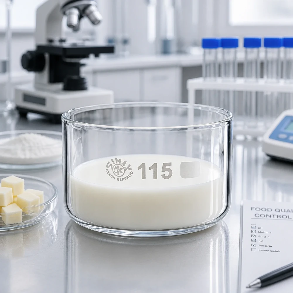 Cristaleira de 500ml sem bico em borosilicato ø115mm Taça de cristalização de 500 ml cheia de leite, ao lado de um microscópio, durante o controlo de qualidade dos alimentos