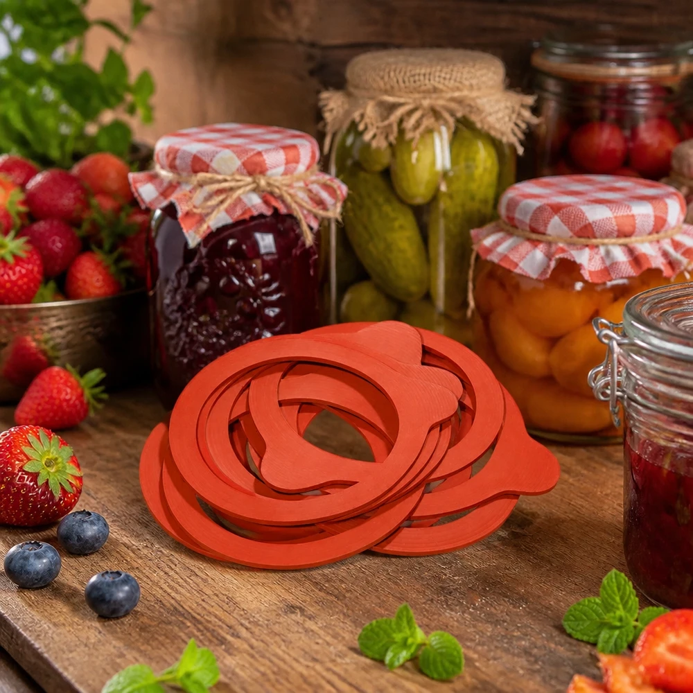 Anel de vedação em borracha natural RR80 Anel de conservação RR80 de borracha natural vermelha empilhado numa tábua de madeira com frascos de conservação de bagas, pickles, compotas e conservas