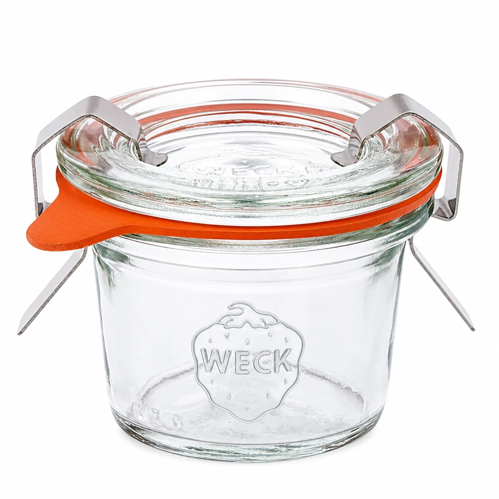 Frasco de pedreiro WECK 35ml RR40 com tampa de vidro, anel de borracha e pinças para conservas e enlatados