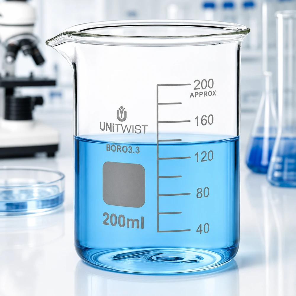 Copo 200 ml de borossilicato, baixo teor de bolor UNiTWIST Copo de vidro UNiTWIST de 200 ml, de borossilicato, de formato baixo, com líquido azul num laboratório