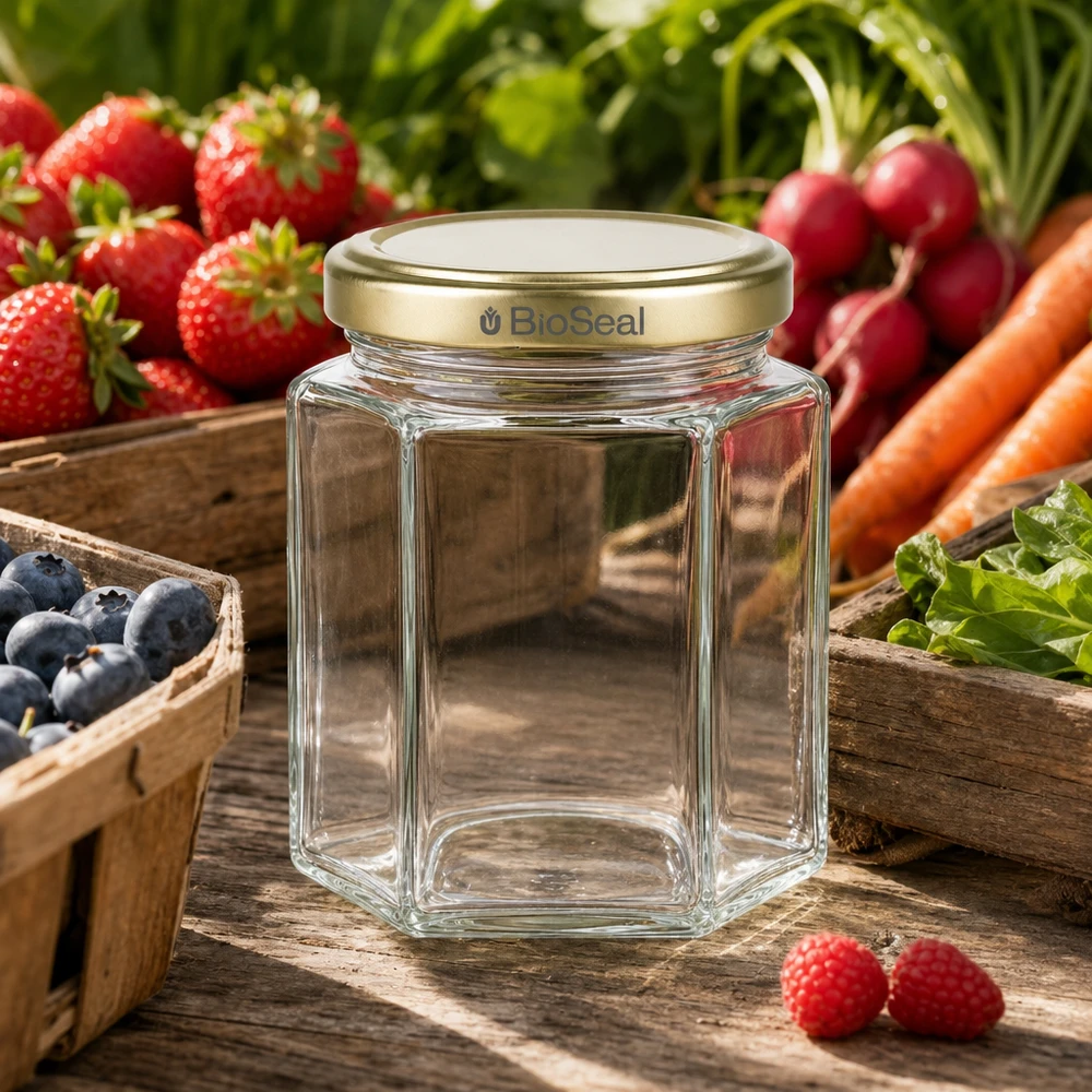 Frasco de mel de 250 g vazio hexagonal com tampa dourada BioSeal entre frutos e legumes frescos em madeira rústica materiais para apicultura