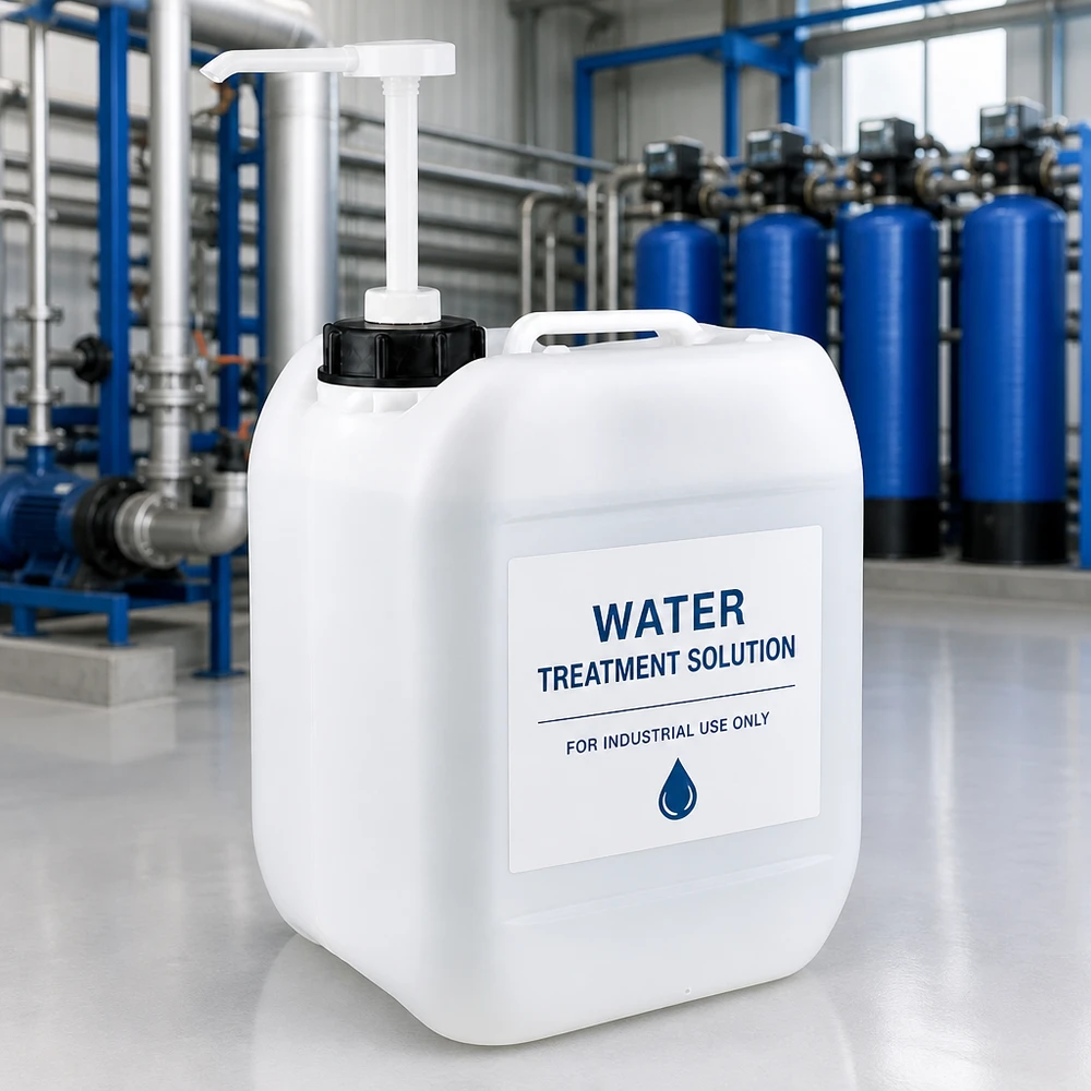 Bidon branco de 5 L para tratamento de água, com bomba dosadora, em frente a uma instalação azul de tratamento de águas industriais
