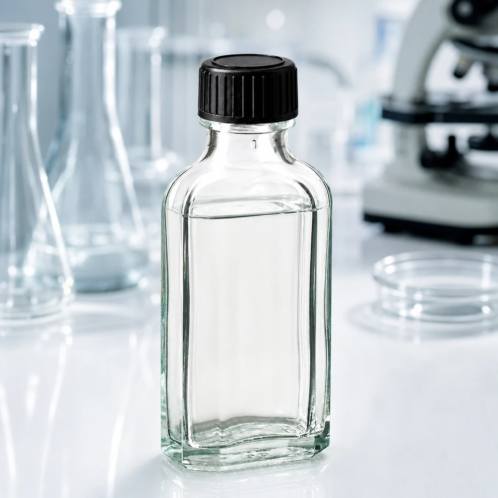 Tampa de rosca transparente Meplat de 50 ml com disco de vedação LKD Frasco Meplat transparente de 50 ml com tampa de plástico preta sobre uma bancada de laboratório branca