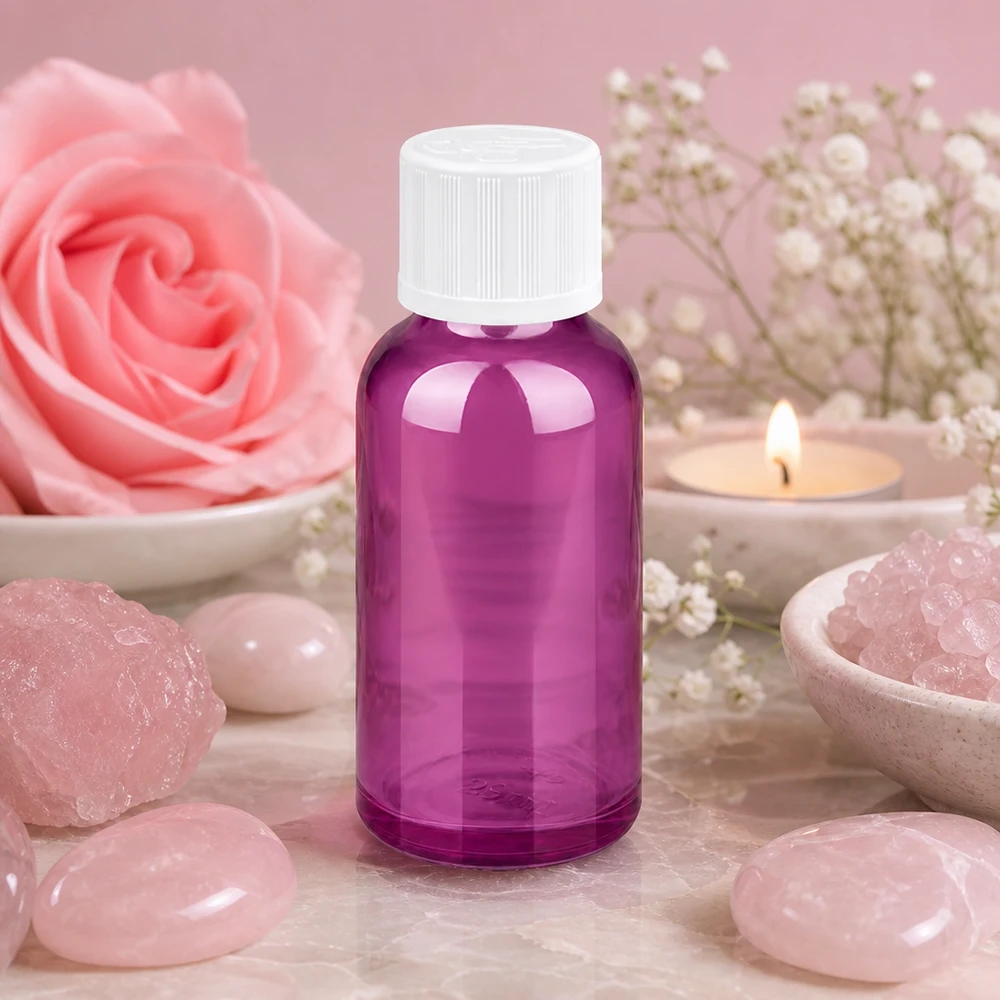 Frasco doseador violeta de 30 ml com abertura para gotejamento de 1,2 mm para aplicações de aromaterapia e bem-estar