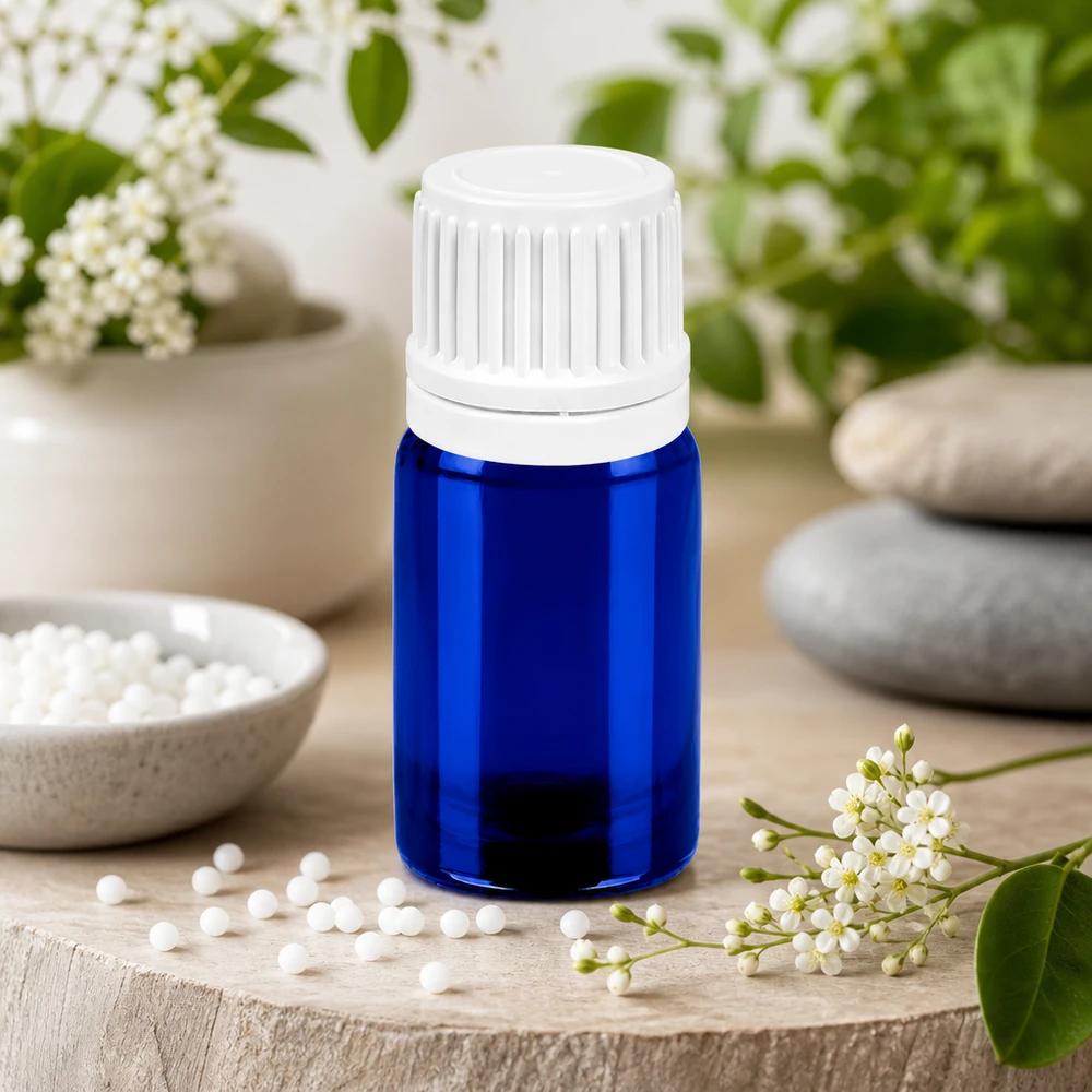 Frasco conta-gotas de 5 ml com tampa inviolável branca de 0,7 mm BlueLine UT18/5 Frasco conta-gotas de 5 ml de alta qualidade em azul com tampa de rosca branca para homeopatia e naturopatia