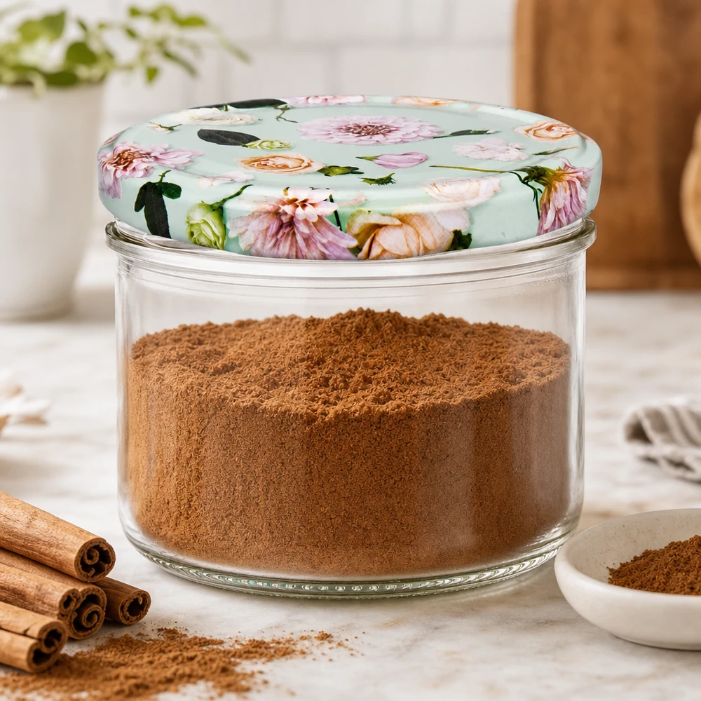 Frasco de arrumação de 230 ml cheio de canela e tampa florida BasicSeal menta - arrumação prática na cozinha