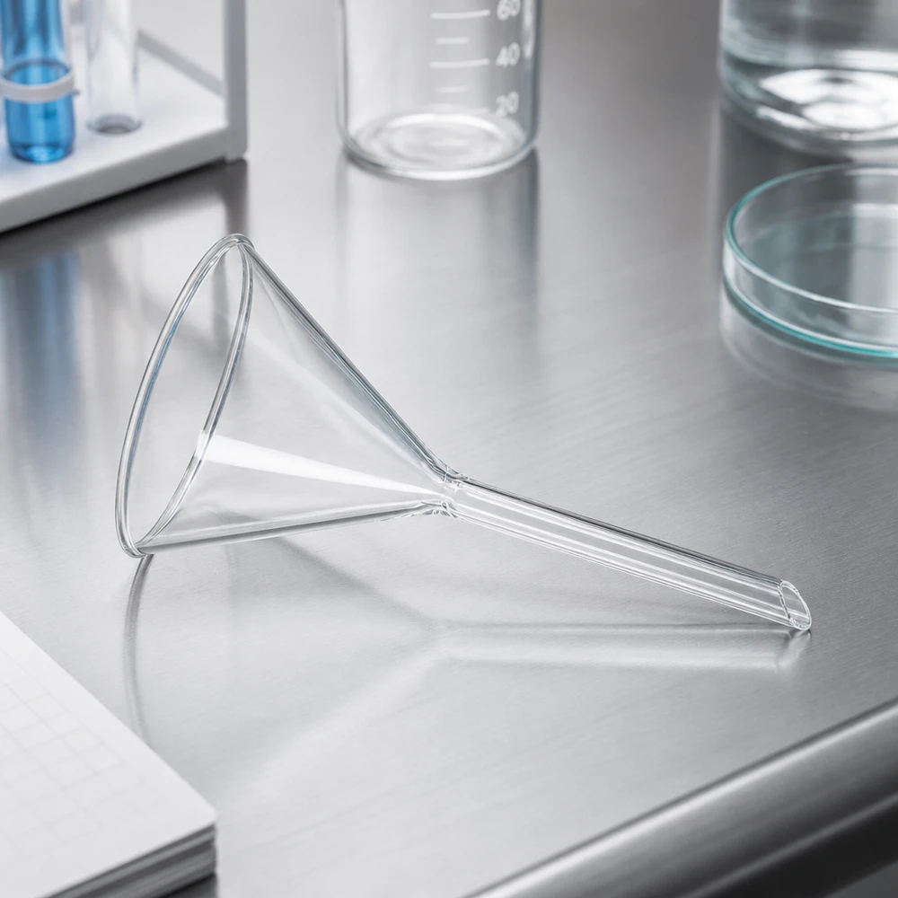 Funil de laboratório em vidro de cal e soda, com ângulo de 60 graus e abertura de 100 mm, para transferências precisas