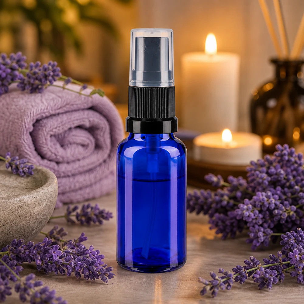 Pequeno frasco de farmácia com pulverizador de 20 ml, em vidro azul com pulverizador preto, para óleos essenciais