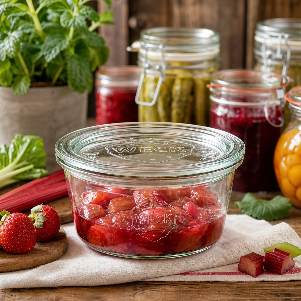 Copos WECK de 290 ml RR100 cheios de compota de ruibarbo e morango em frascos de armazenamento com frascos de conserva e ingredientes frescos