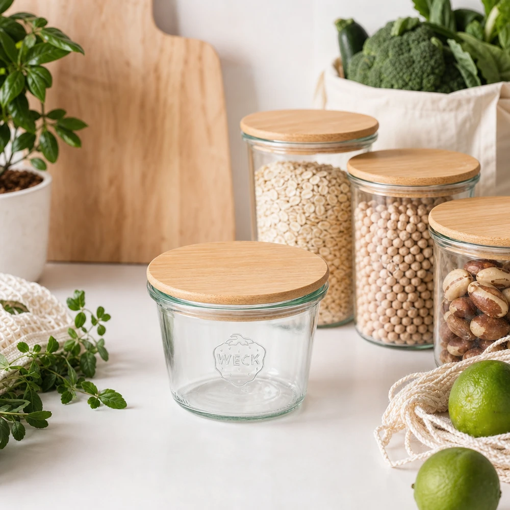 370ml Sturzglas WECK RR100 mit Holzdeckel Copos WECK RR100 370ml com tampa de bambu em mobiliário de cozinha sustentável com frascos de arrumação e alimentos biológicos