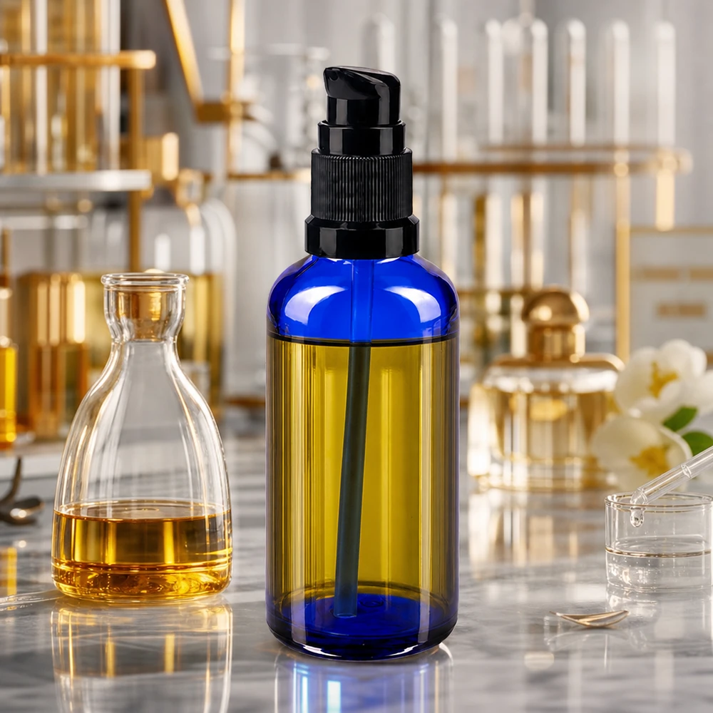 Pequeno frasco de vidro azul de farmácia, com 50 ml, com bico dosador preto, para produtos cosméticos