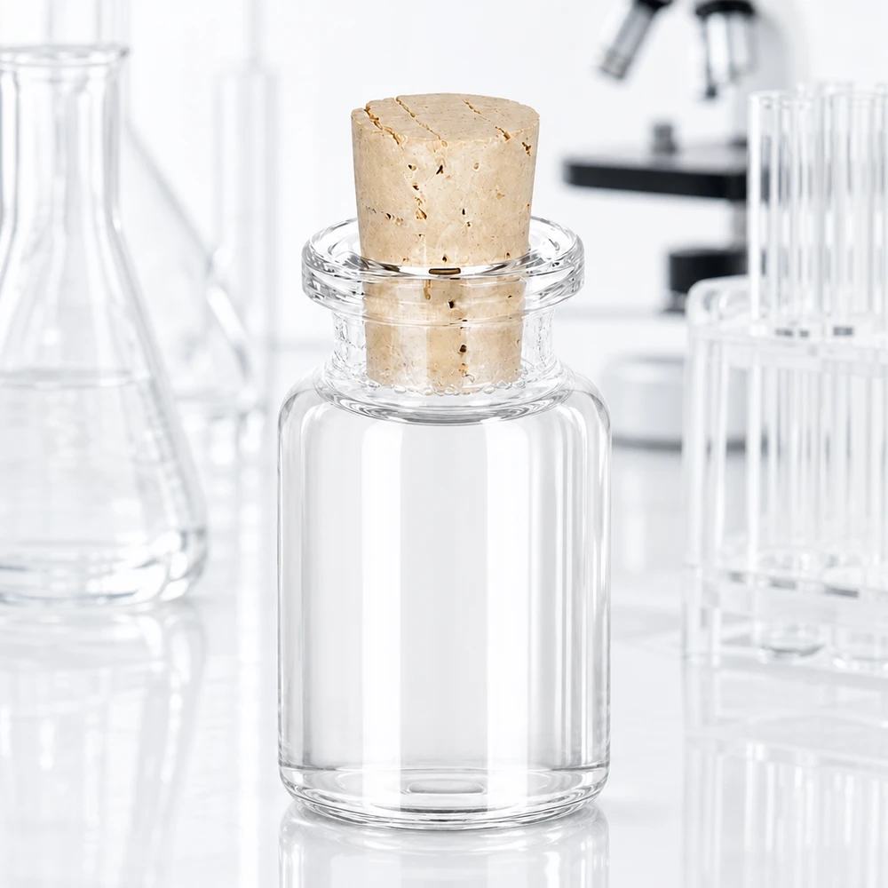 Frasco de vidro transparente 10ml com rolha 11/14mm Medizinflasche 10ml Klarglas mit eingestecktem Naturkork vor Laborausstattung