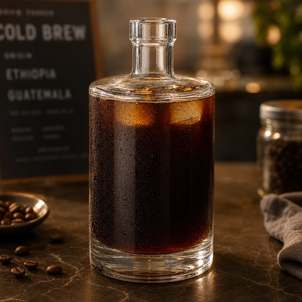 Garrafa de vidro de 500 ml Marie cheia de café frio mostra que é adequada para bebidas frias e ambiente de café