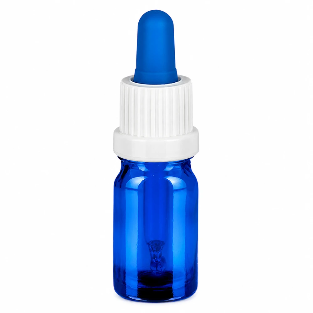 Frasco pipeta de 5 ml branco/azul com fecho inviolável BlueLine UT18/5 Frasco de pipeta de 5 ml em azul com tampa branca para dosagem precisa de líquidos