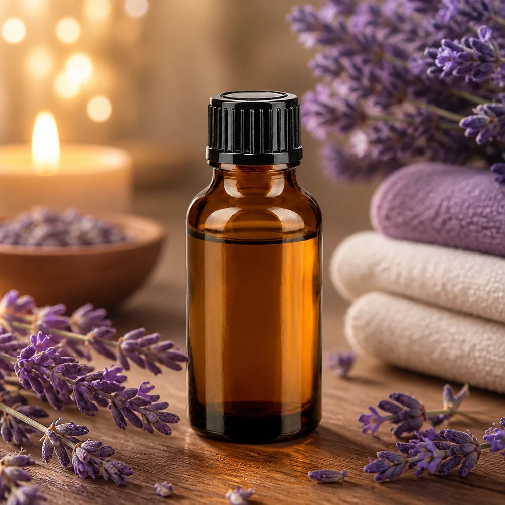 Pequeno frasco de farmácia castanho de 20 ml com flores de lavanda sobre fundo de madeira
