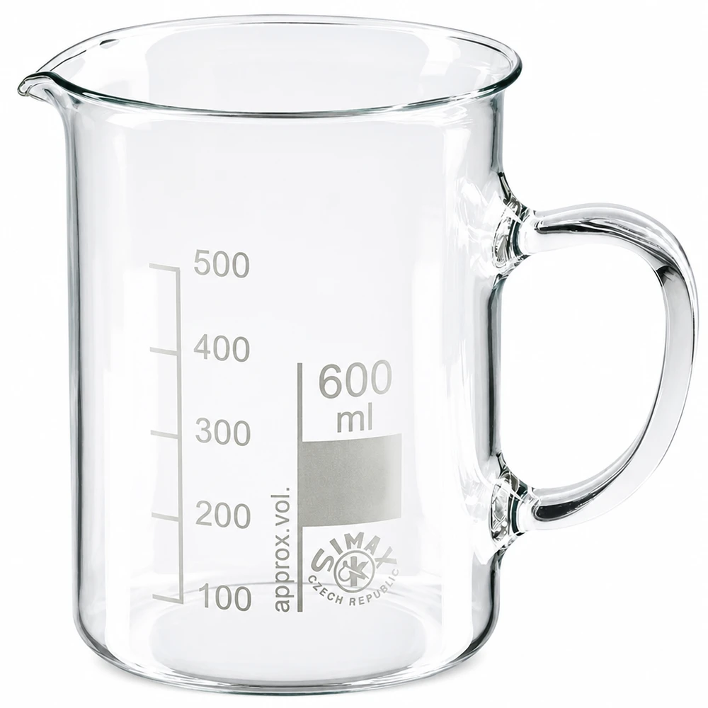 Copo 600ml em vidro borossilicato, com pega Copo de laboratório de 600 ml em vidro borossilicato, com alça e escala em mililitros até 500 ml