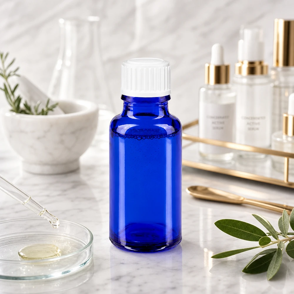 Frasco de vidro azul cobalto de 20 ml com tampa de rosca branca ao lado de utensílios de laboratório sobre mármore