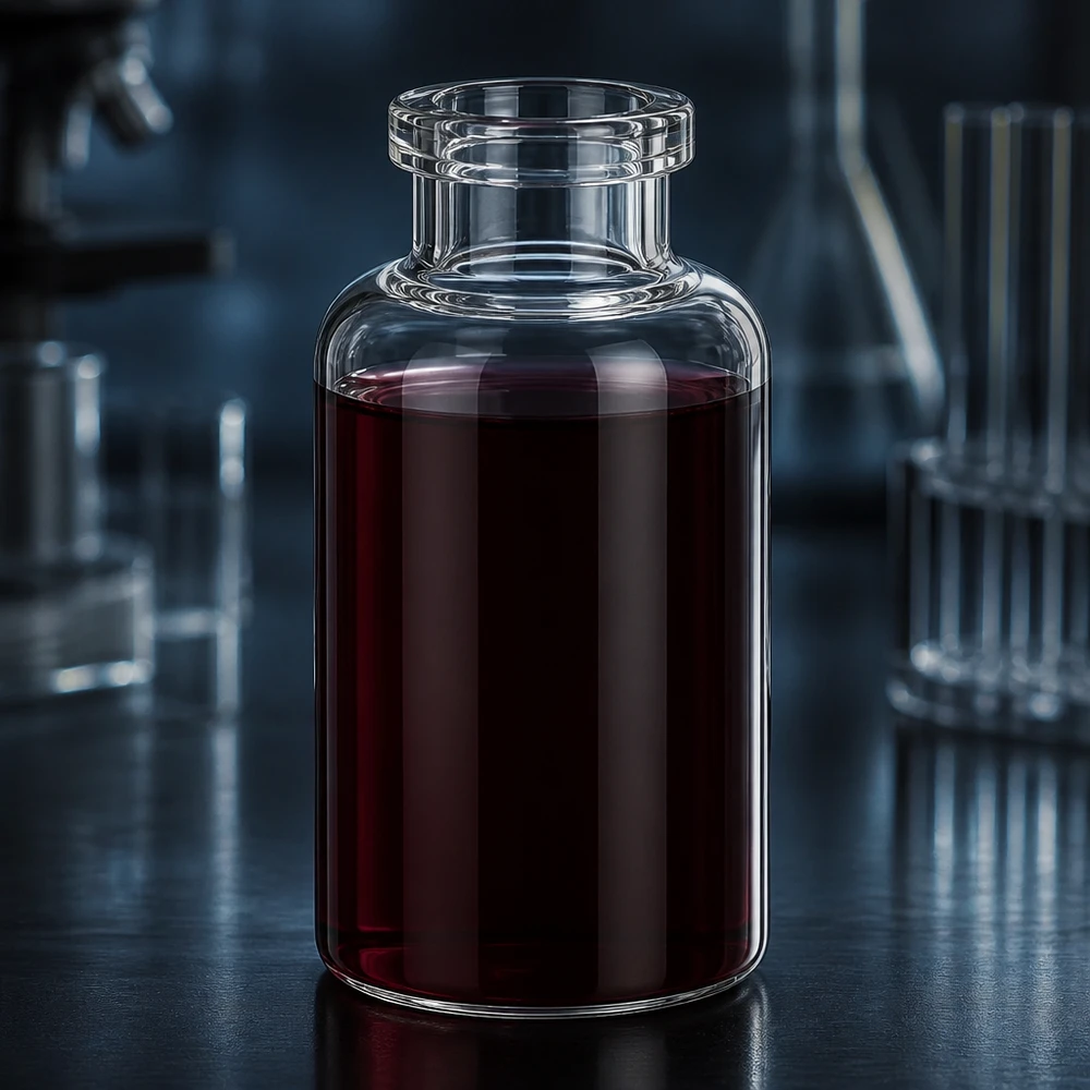 Frasco de injeção de vidro transparente 30ml Medizinische Klarglasflasche 30ml fast vollständig befüllt mit dunkelroter Injektionslösung