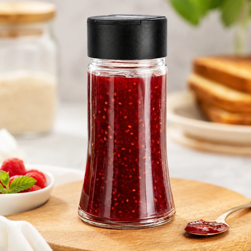 Frasco para sal/especiarias de 95 ml com espalhador duplo preto Compota de framboesa num frasco de vidro transparente de 95 ml com tampa preta de dupla abertura, sobre uma tábua de madeira com torradas