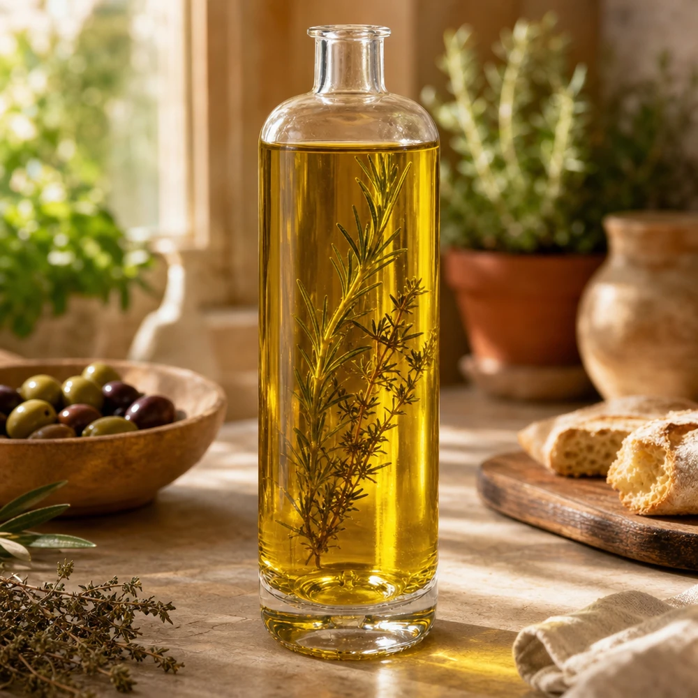 700ml Glasflasche "Eleganz" ohne Verschluss UNiTWIST® Garrafa de vidro de 700 ml de Ella cheia de óleo de ervas numa mesa de madeira entre pão de azeitona e decorações de cozinha mediterrânica