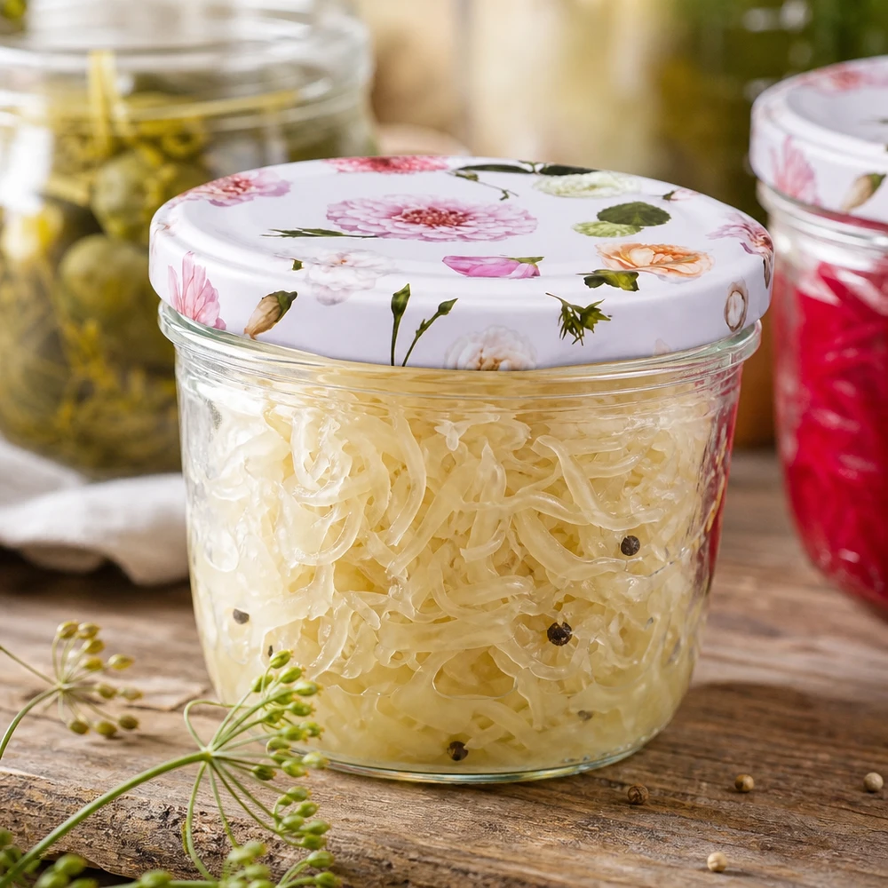 Chucrute em frasco de 230 ml com tampa BasicSeal padrão floral cor-de-rosa alimentos fermentados decoração de cozinha rústica