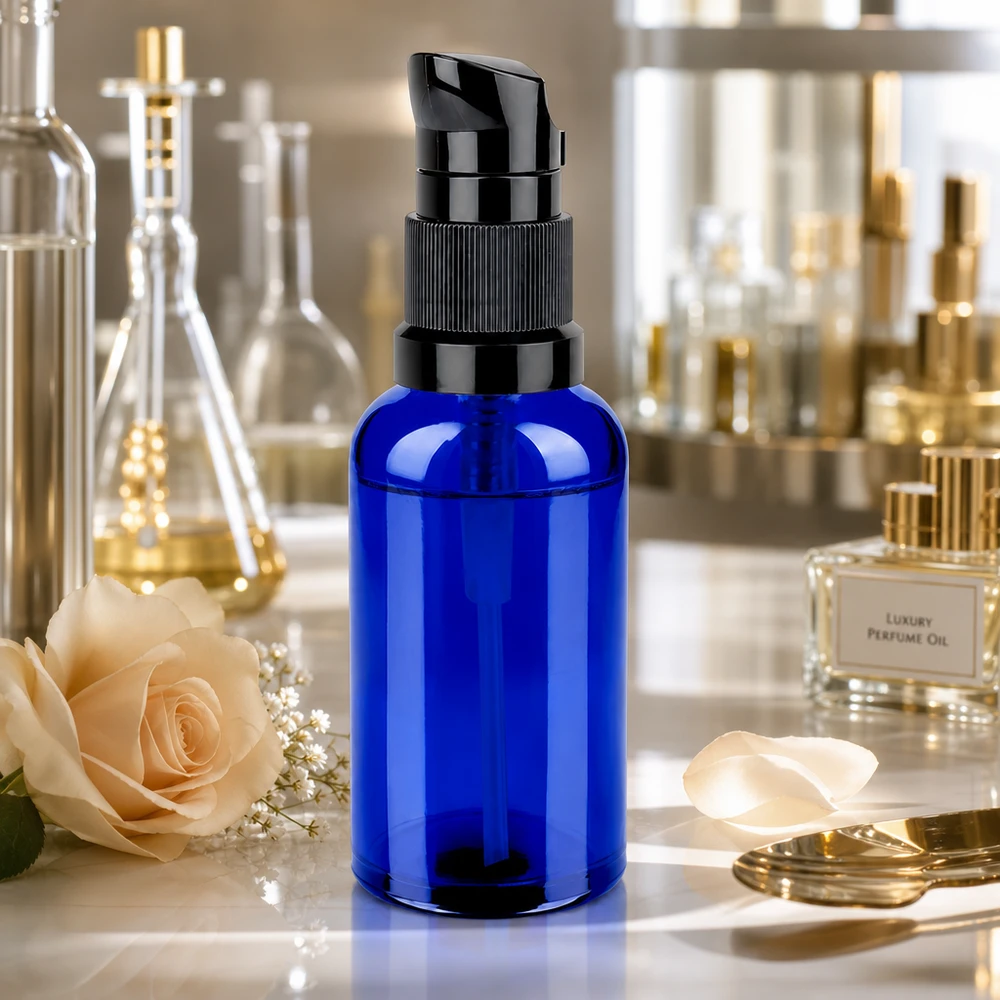 Frasco doseador de alta qualidade de 50 ml em vidro azul com tampa preta STD BlueLine UT18/50