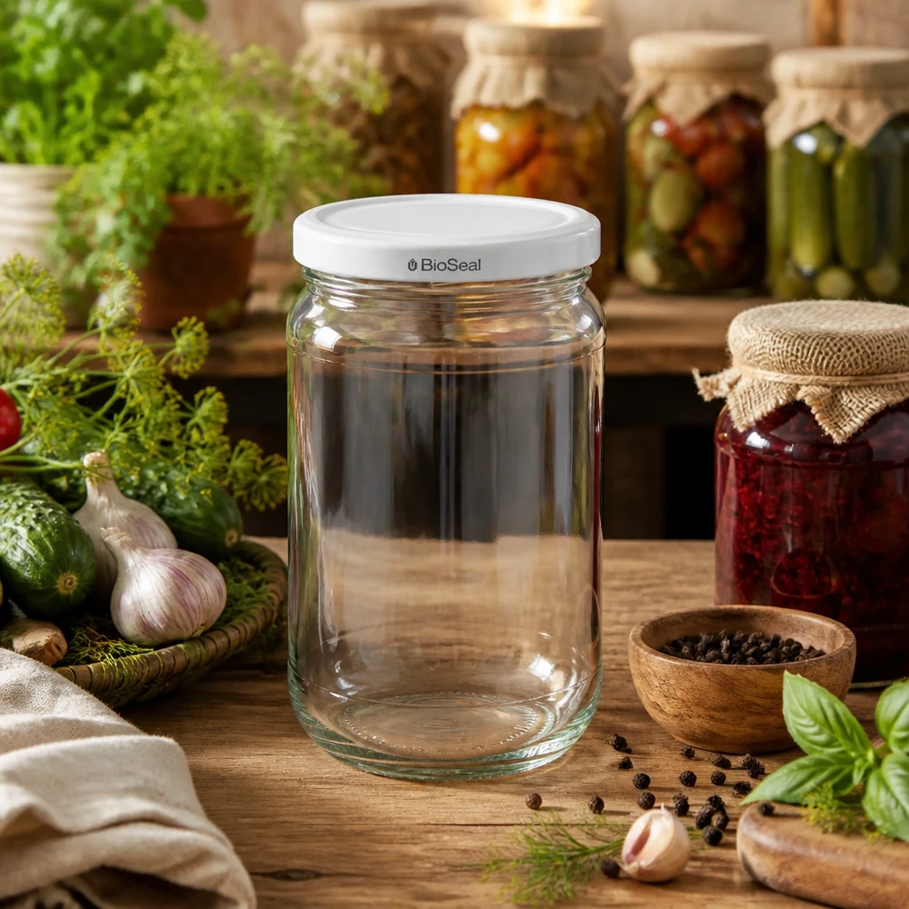 UNiTWIST Frasco Runda305 em cozinha rústica com ervas aromáticas e frascos de conserva - versátil para arrumação