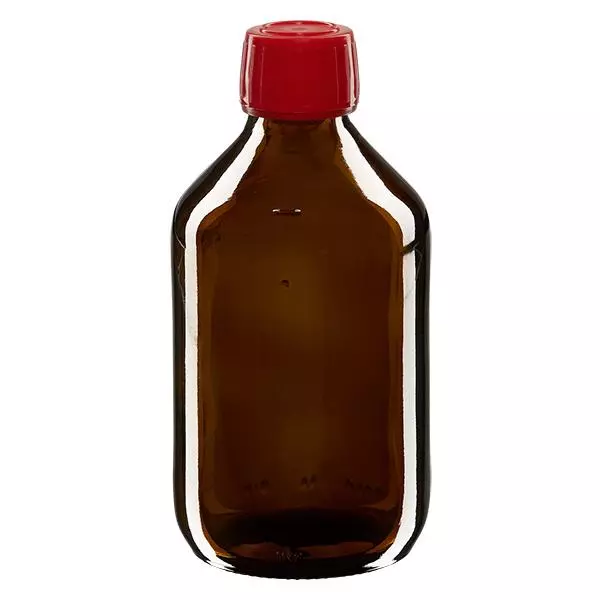 Frasco de medicamento de 250ml marrom, tampa vermelha com anel inviolável ApoGlas Frasco de medicamento de 250ml marrom, tampa vermelha com anel inviolável ApoGlas