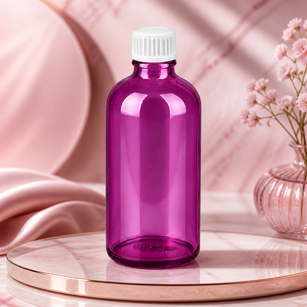 Frasco de 100 ml (glóbulo) com anel de vazamento de 3 mm branco PurpleLine padrão. UT18/100 Frasco de vidro redondo de 100 ml em roxo brilhante com design ergonómico para fácil manuseamento