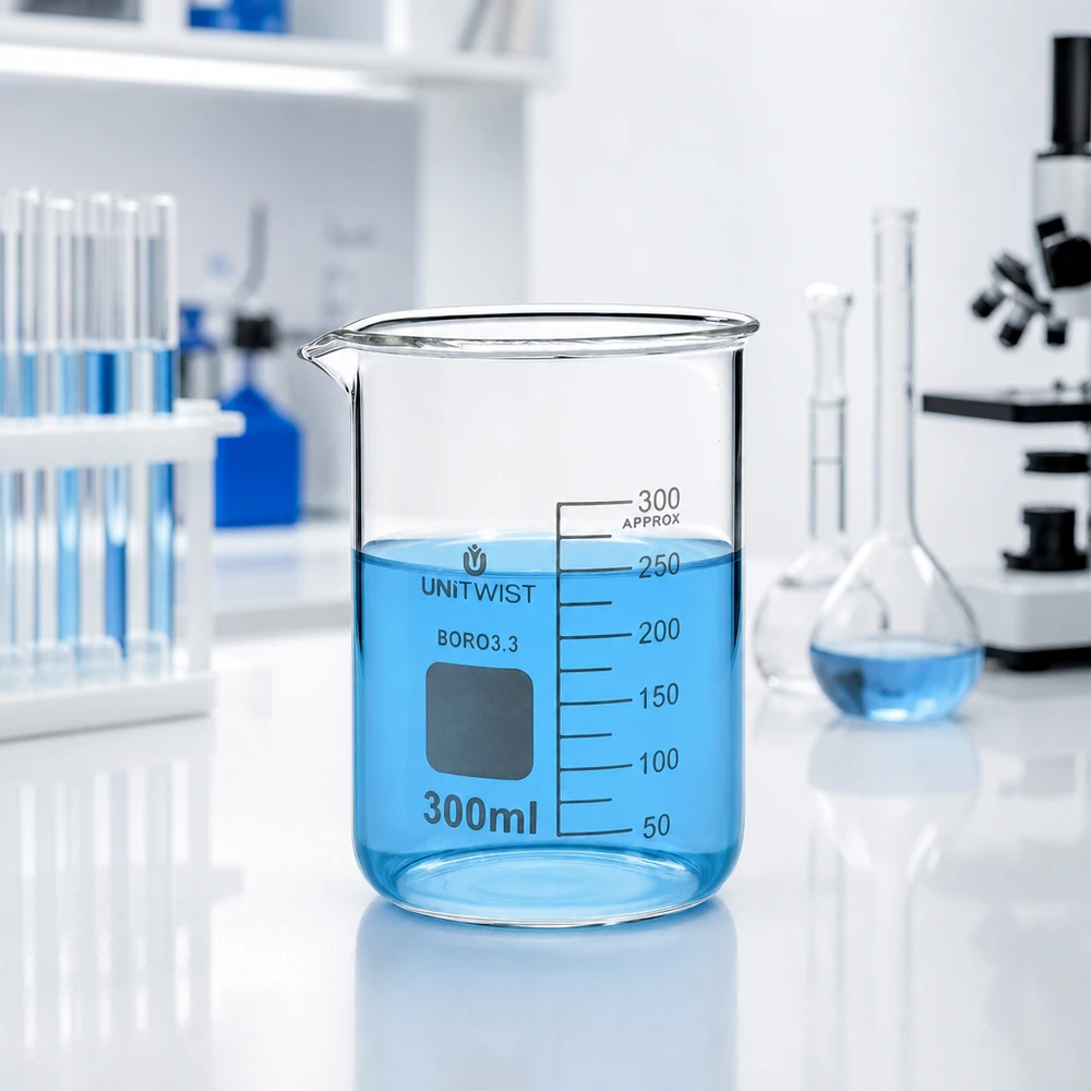 Béquer de laboratório de vidro transparente de 300 ml com líquido azul e escala em mililitros da UNiTWIST