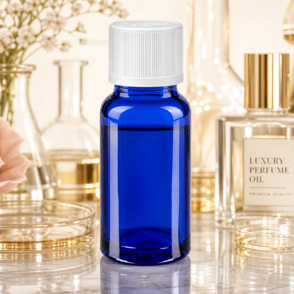 Frasco de farmácia azul cobalto de 10 ml com tampa de segurança para crianças branca, para perfume de luxo