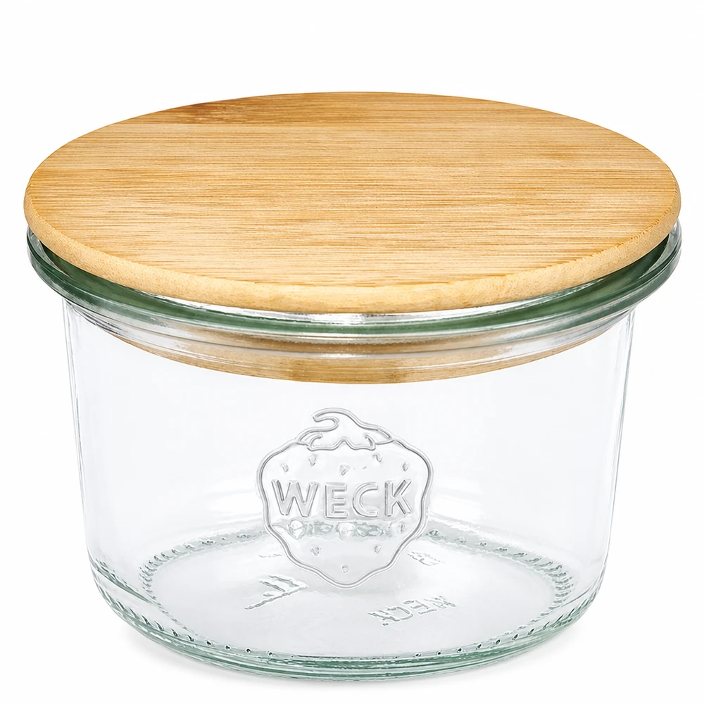 Copos de vidro WECK RR60 de 80 ml com tampa de madeira Copos WECK 80ml RR60 com tampa de madeira de bambu para guardar e conservar