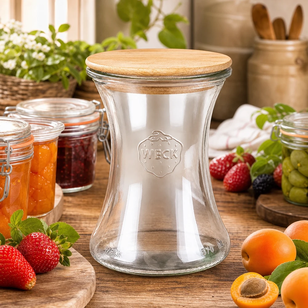 Frasco de charcutaria WECK RR80 de 370 ml com tampa de madeira numa cozinha rústica rodeada de fruta fresca e frascos de compota