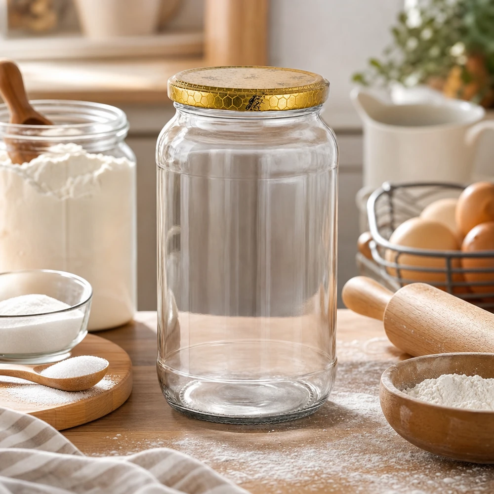 Frasco de vidro redondo de 1062 ml vazio na cozinha com ingredientes de pastelaria, farinha, ovos, rolo da massa, tampa dourada em forma de favo de mel