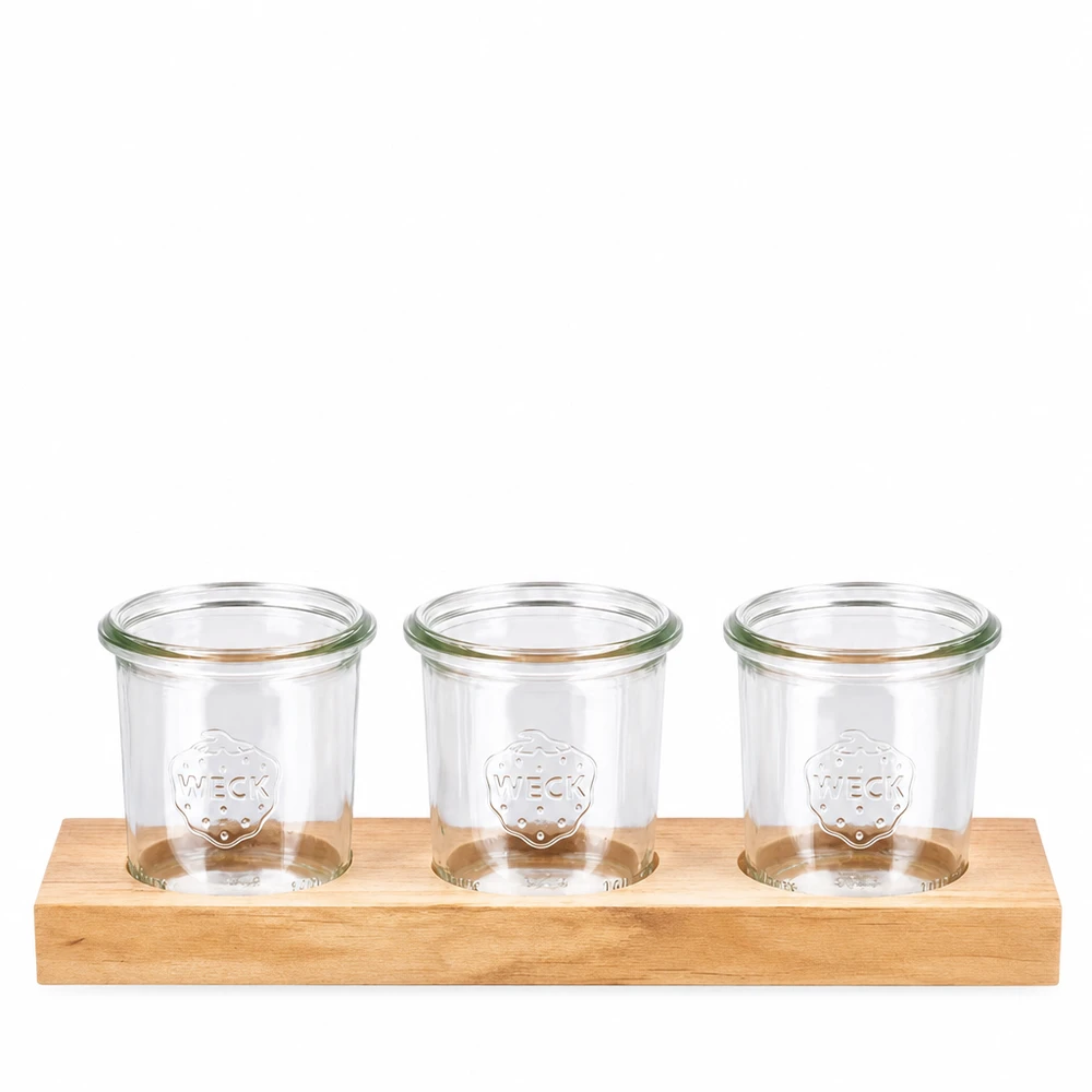 Tábua de servir Plano3 com 3 copos Weck de 140 ml Tábua de servir em madeira Plano3 com 3 copos WECK de 140 ml para cozinha e arrumação
