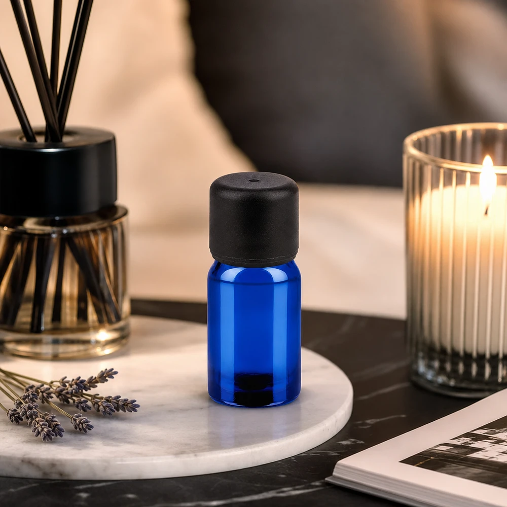 Frasco de boticário de 5 ml de alta qualidade em vidro cobalto com proteção UV e tampa preta