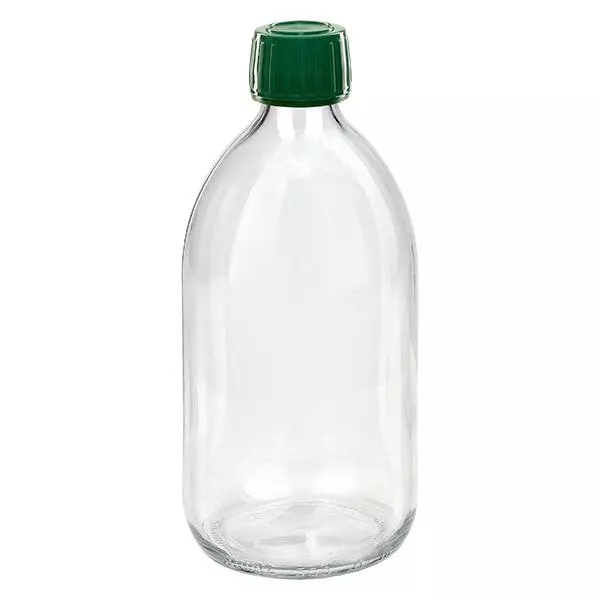 Frasco de medicamento de 500 ml transparente, tampa verde com anel inviolável ApoGlas Frasco de medicamento de 500 ml transparente, tampa verde com anel inviolável ApoGlas
