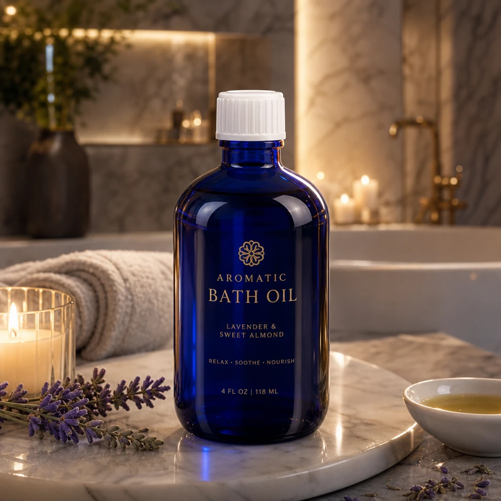Frasco de farmácia azul de 100 ml com tampa de segurança branca, num ambiente de casa de banho luxuoso