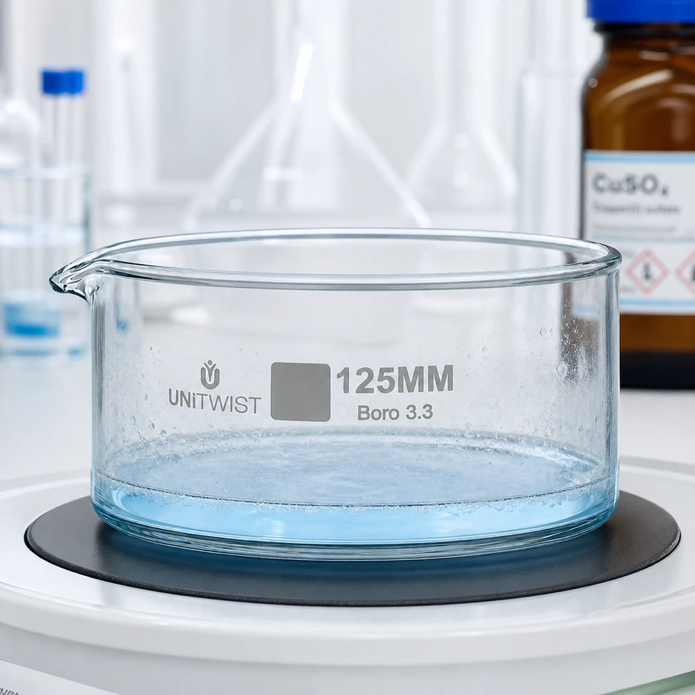 Prato de cristalização ø125mm em vidro borossilicato UNiTWIST Bandeja de cristalização UNiTWIST de 125 mm numa balança de laboratório com uma solução azul-clara e bolhas de ar visíveis