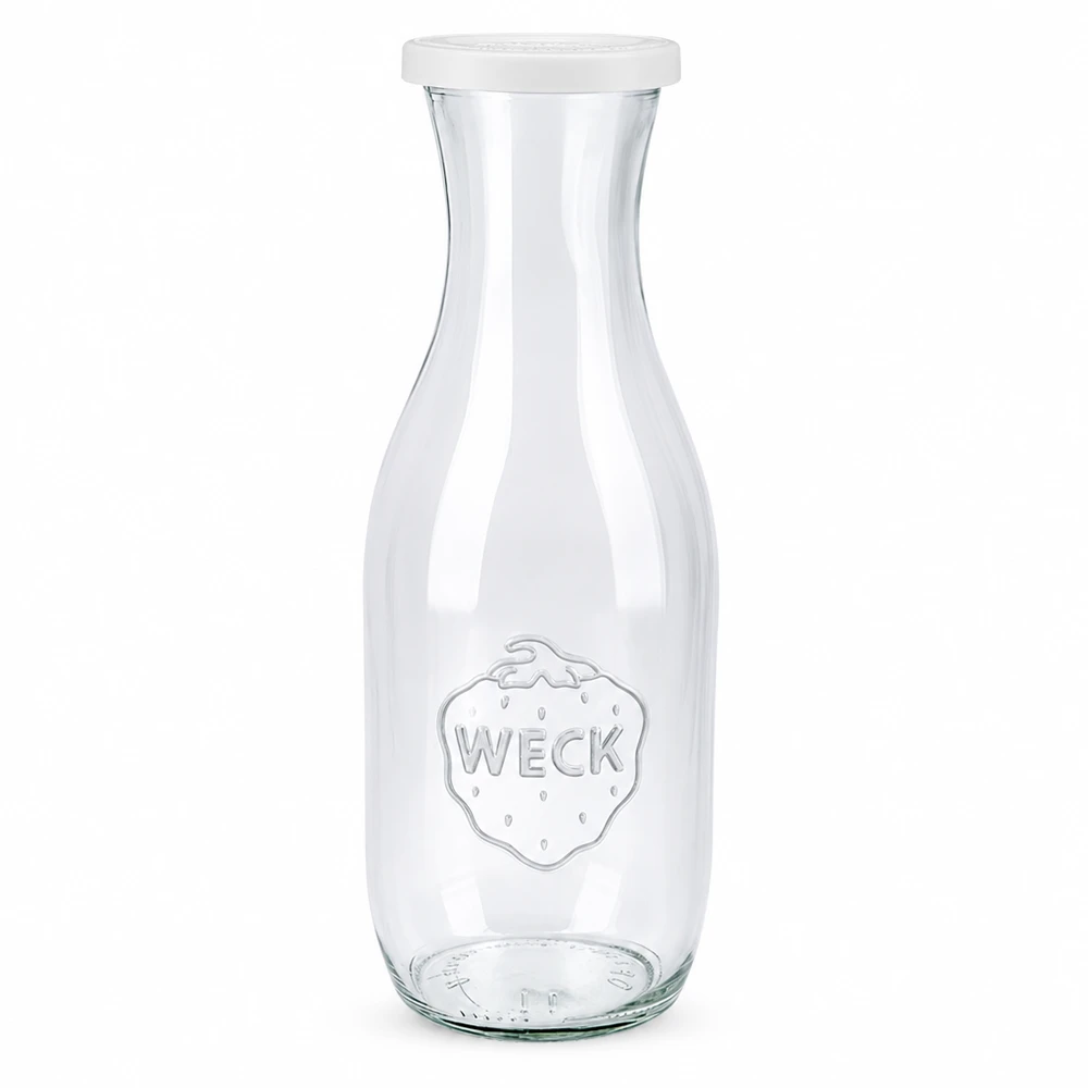Garrafa de sumo WECK 1062ml em vidro com tampa branca de frescura e logótipo WECK para sumos e bebidas