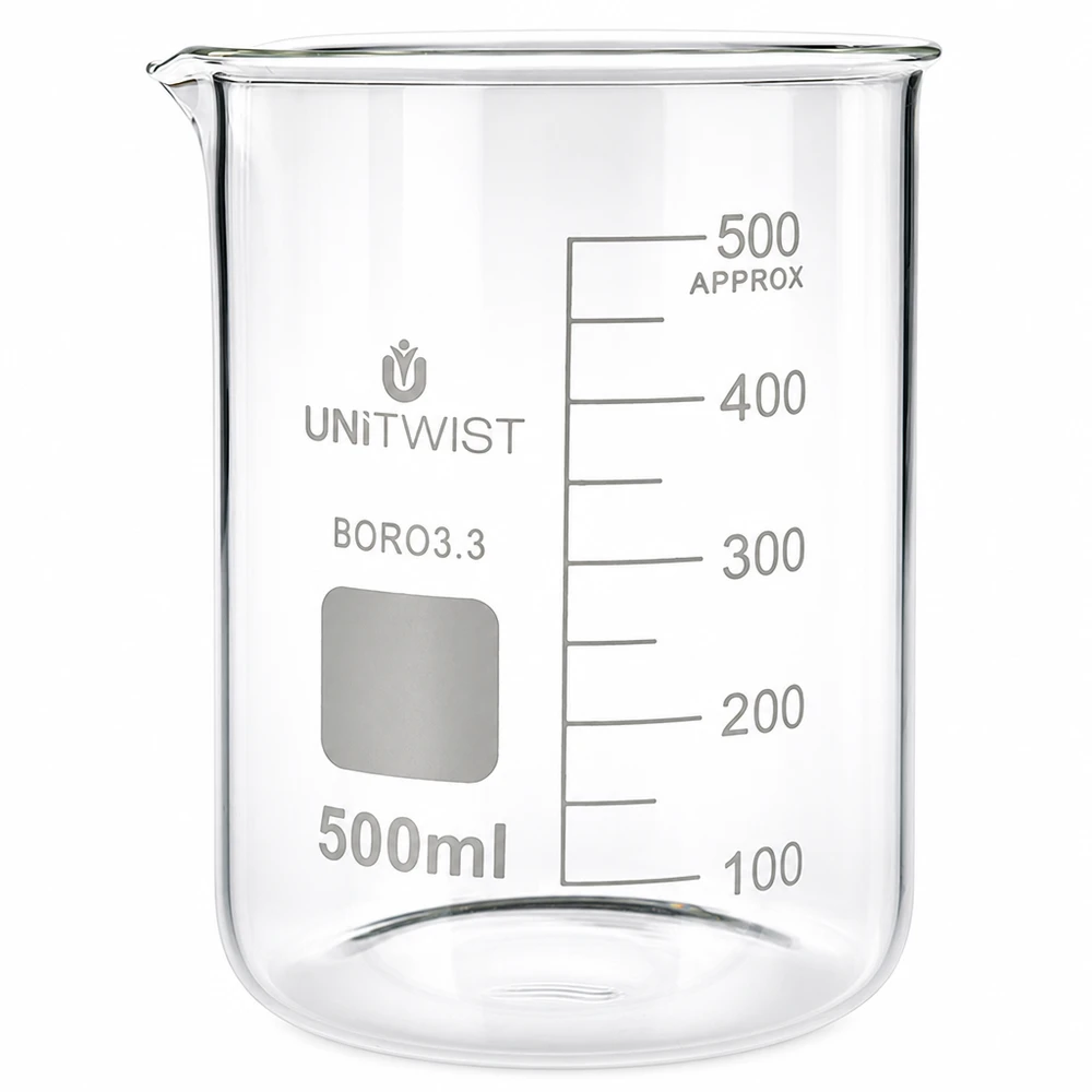 Copo 500 ml de borossilicato, baixo teor de bolor UNiTWIST Copo de laboratório de 500 ml em borossilicato, de formato baixo, da UNiTWIST, com escala em mililitros