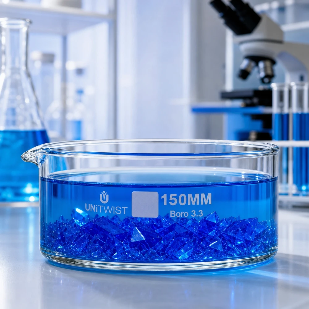 Bandeja de cristalização UNiTWIST de 150 mm com cristais azuis em solução — Experiência de laboratório