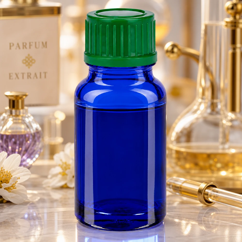Frasco de vidro azul-cobalto de 10 ml com tampa verde STD BlueLine UT18/10 para perfume e extractos
